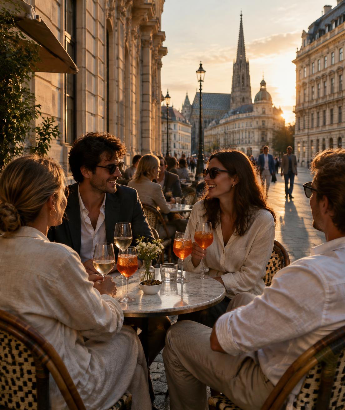 Friends enjoying aperitivo on a Vienna terrace