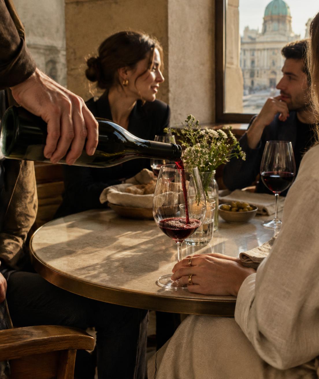 Wine poured at a table with friends